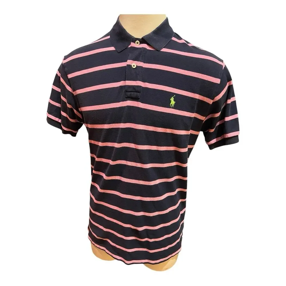 Ralph Lauren Polo Mens Large Navy Pink Striped Shirt 100% Cotton Preppy Classic
